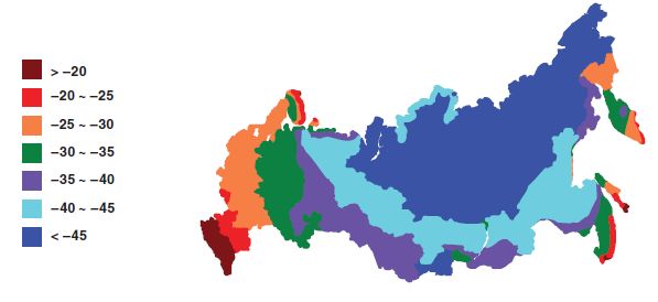 Примерная карта распределения температур наиболее холодной пятидневки на территории РФ.